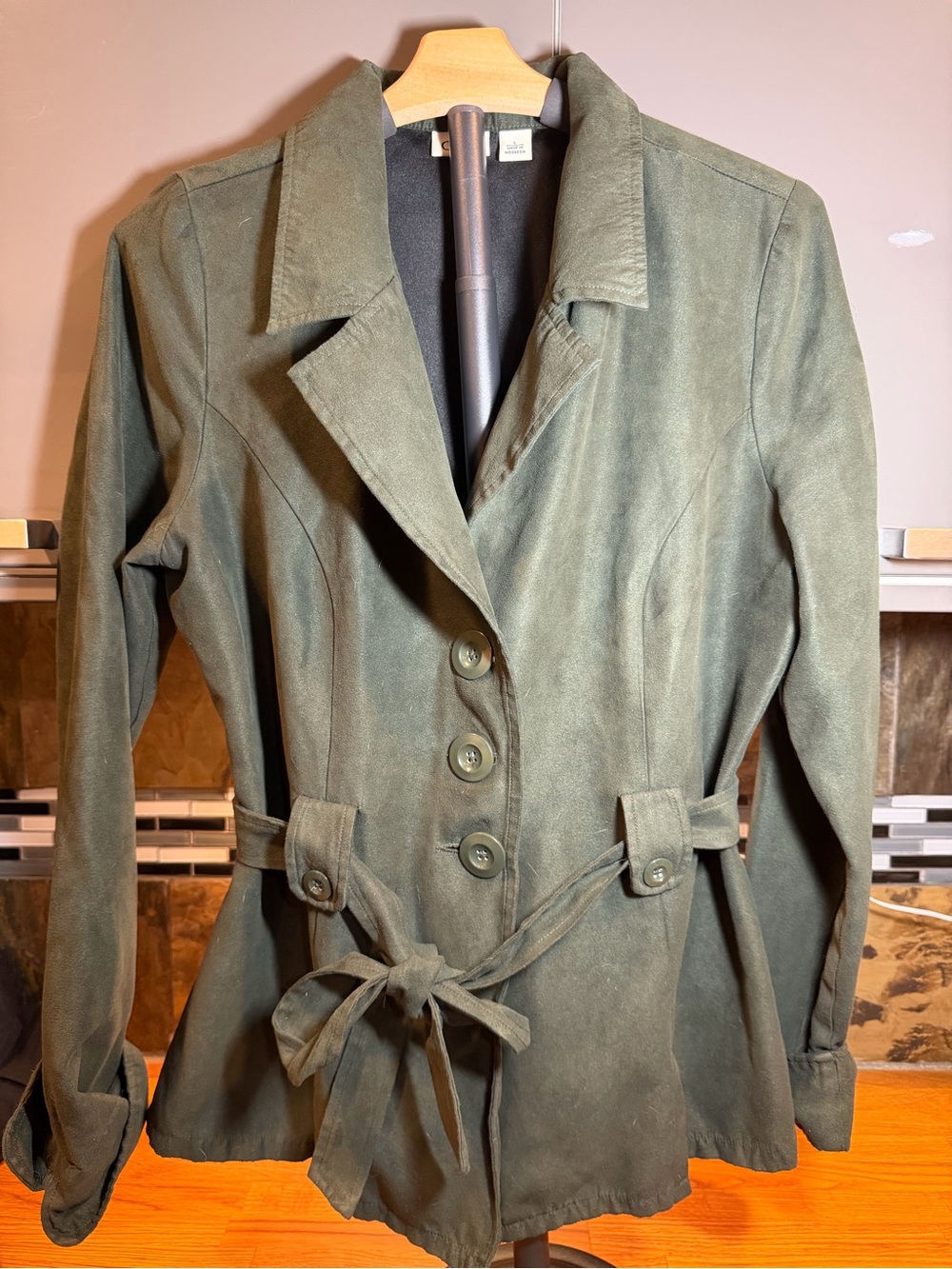 Cato Women's Olive Green Faux Suede Belted Trench Jacket size large